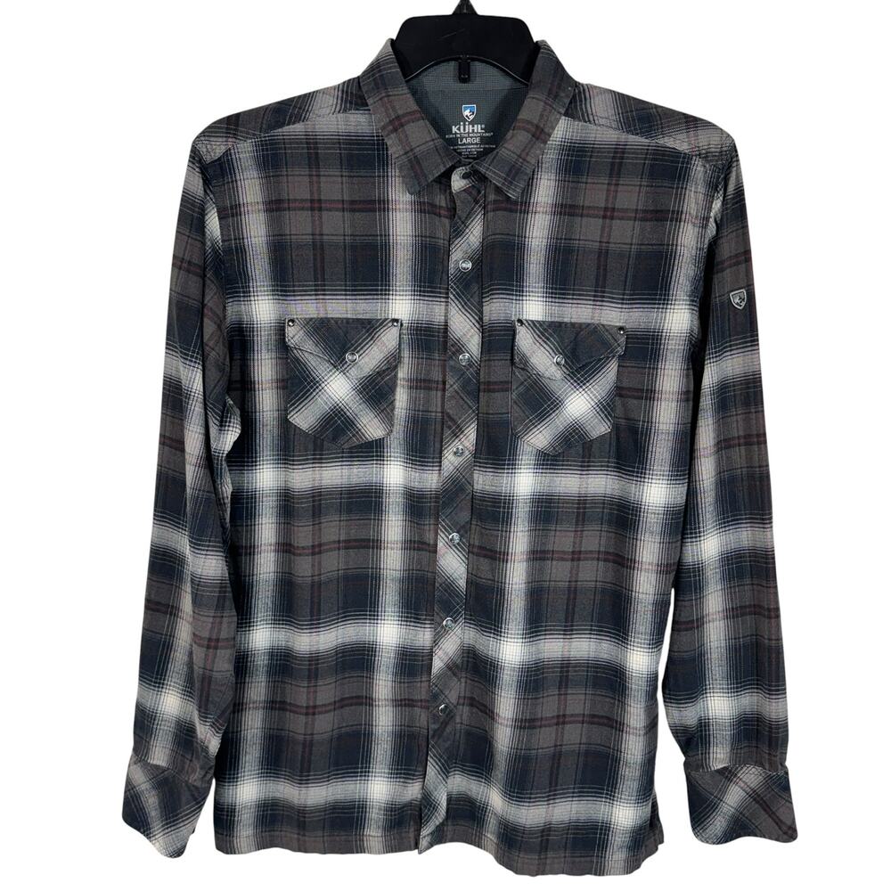 Kuhl Large Mens Lowdown Flannel Shirt Snap Front Long Sleeve Plaid Pockets Gray